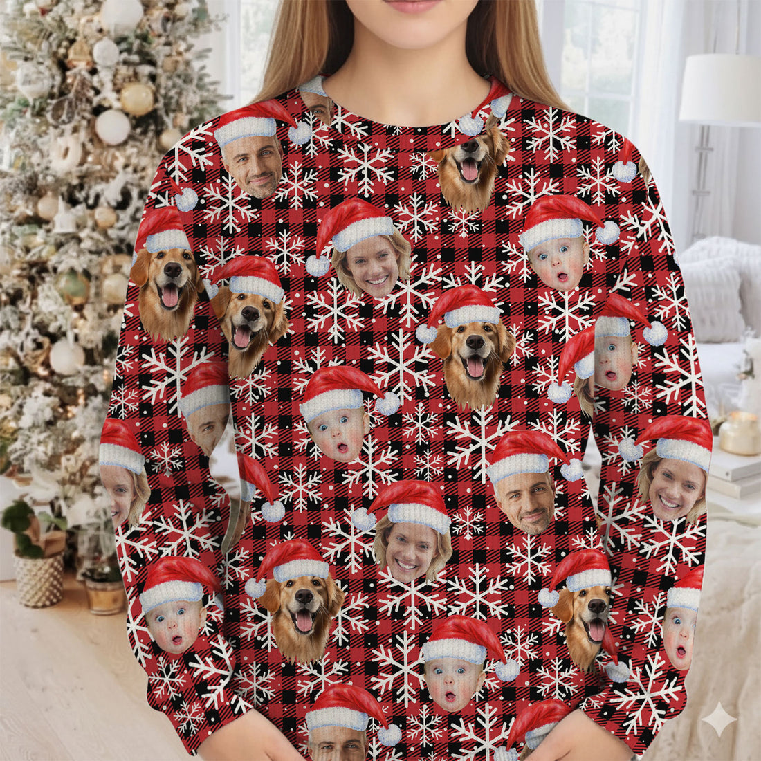 Custom Face Red And Black Checkered Golf Ugly Sweater, Golf Ugly Christmas Sweater, Christmas Golf Shirt