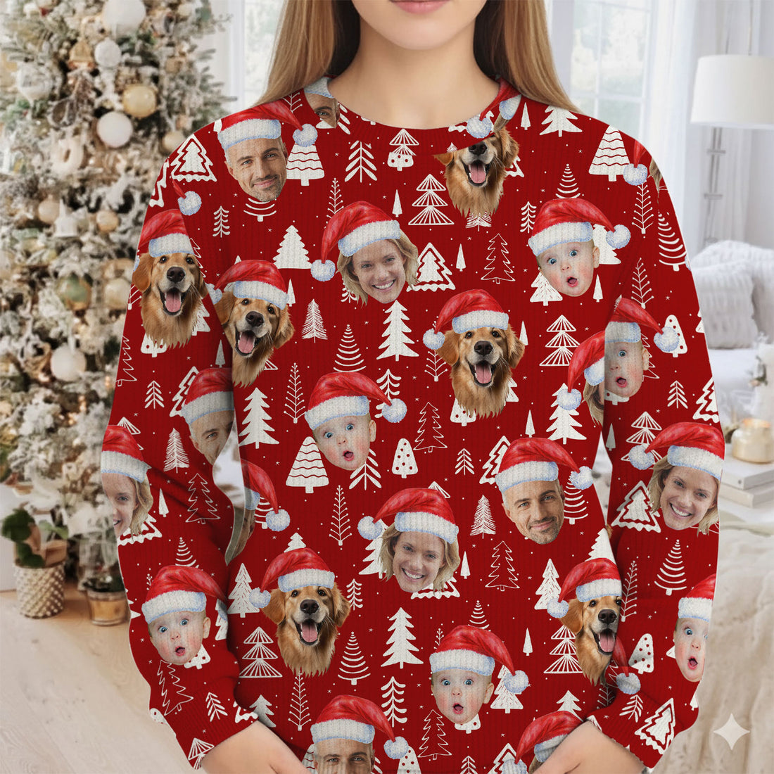 Custom Face Snow Pine Tree Red Golf Ugly Sweater, Golf Ugly Christmas Sweater, Christmas Golf Shirt