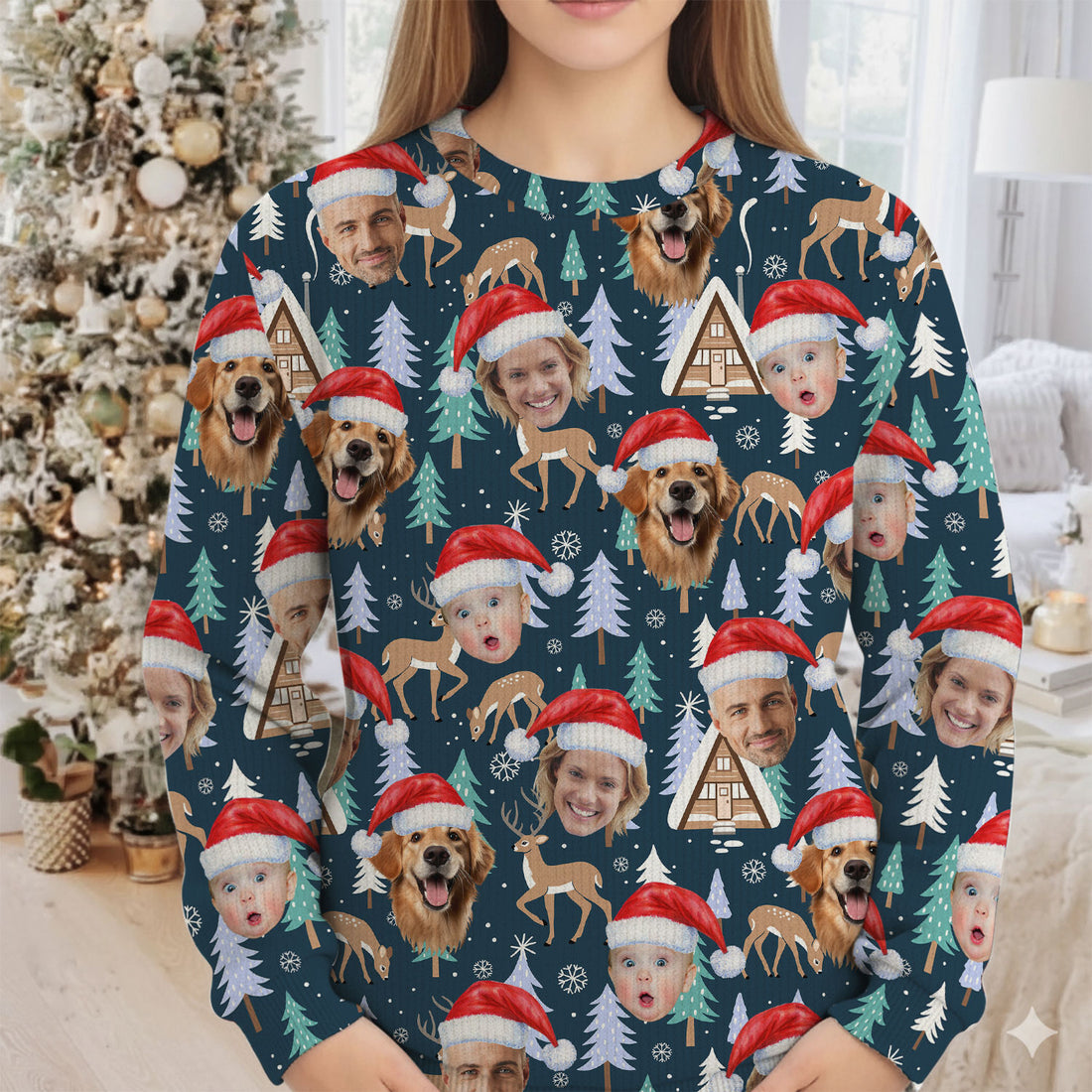 Custom Face Pine Tree Reindeer Dark Teal Green Golf Ugly Sweater, Christmas Golf Shirt, Golf Sweater