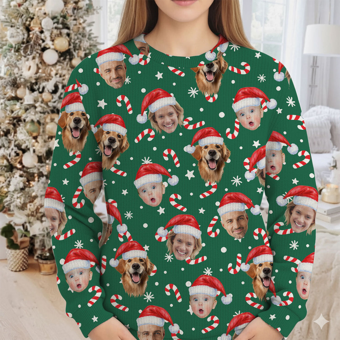 Custom Face Candy Cane Pattern Green Golf Ugly Sweater, Golf Ugly Christmas Sweater, Christmas Golf Shirt
