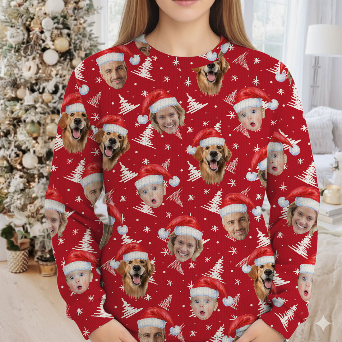 Custom Face Snow Pine Tree Red Golf Ugly Sweater, Christmas Golf Shirt, Golf Sweater, Christmas Golf Gift