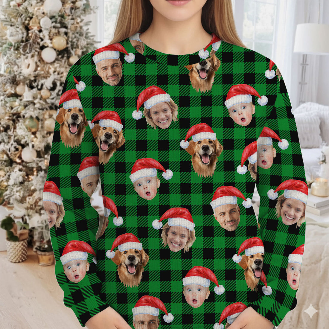 Custom Face Green Buffalo Plaid Golf Ugly Sweater, Christmas Golf Shirt, Golf Sweater, Christmas Golf Gift