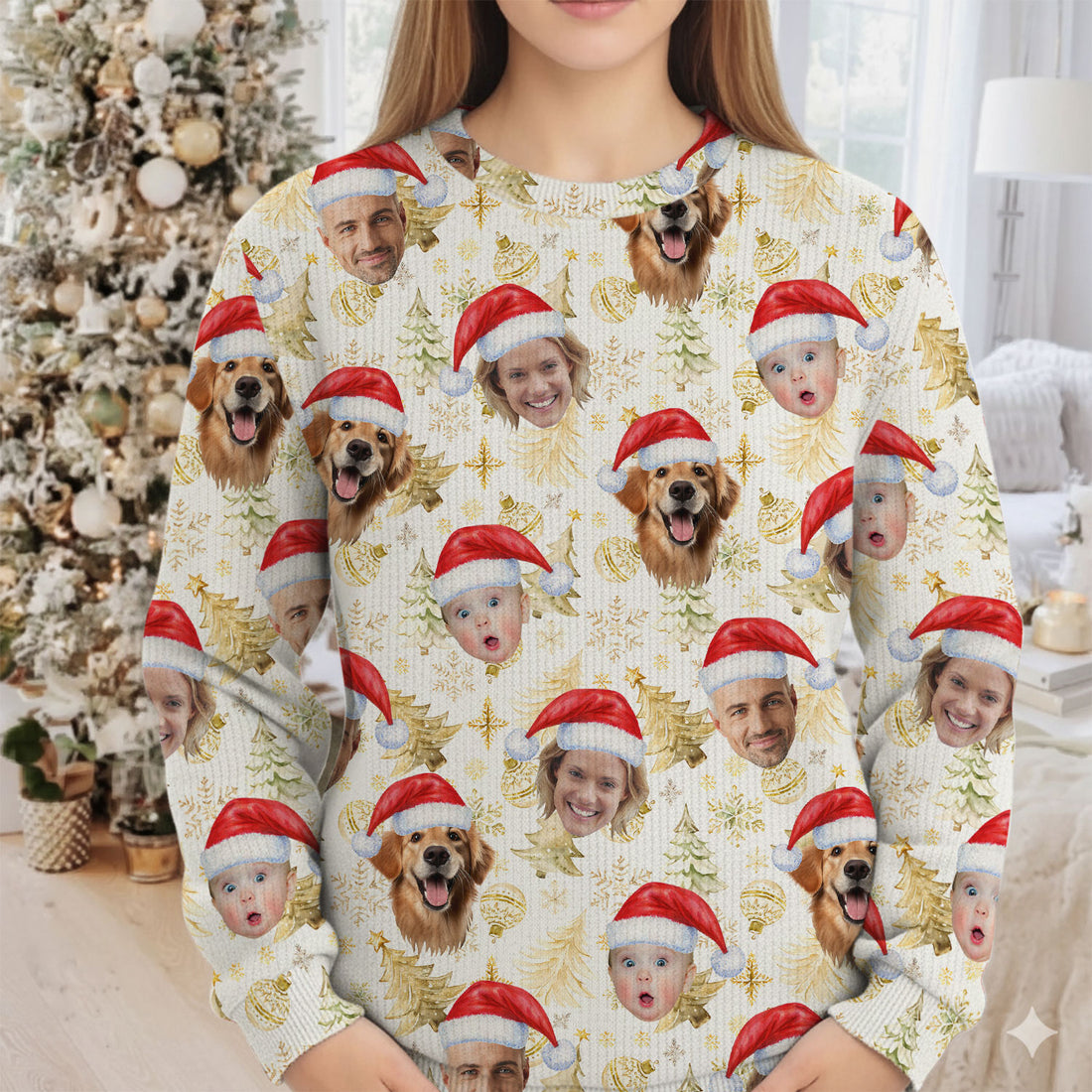 Custom Face Xmas Pattern Golden Print Golf Ugly Sweater, Christmas Golf Shirt, Golf Sweater