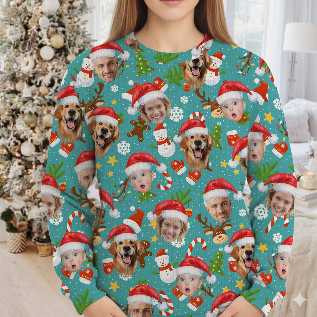 Custom Face Cute Christmas Pattern Teal Golf Ugly Sweater, Christmas Golf Shirt, Golf Sweater, Christmas Golf Gift