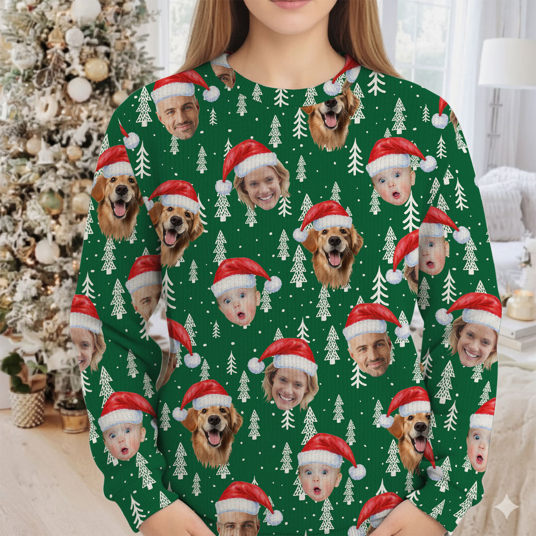 Custom Face Snow Pine Tree Green Golf Ugly Sweater, Golf Ugly Christmas Sweater, Christmas Golf Shirt