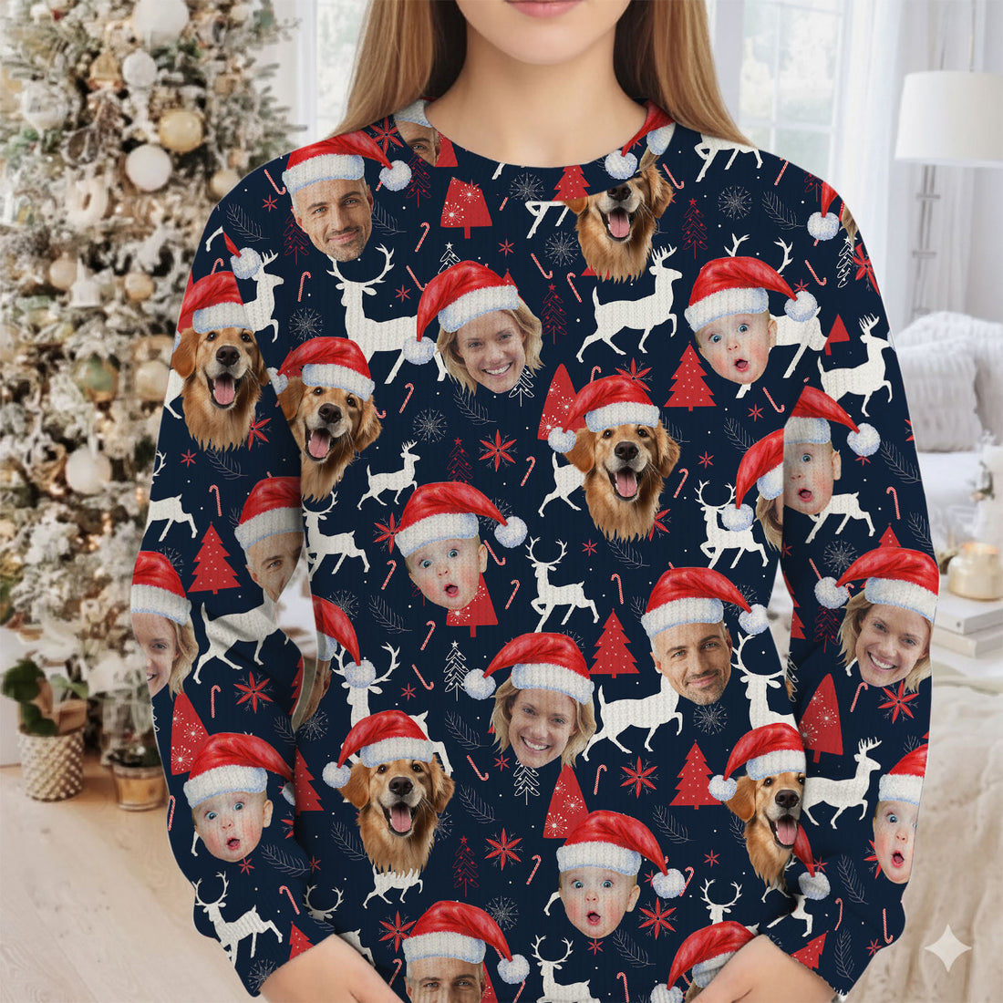 Custom Face Red And Navy Seamless Pattern Golf Ugly Sweater, Christmas Golf Shirt, Golf Sweater