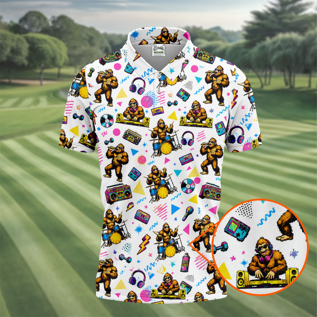 Bigfoot Party Memphis Pattern Retro Golf Shirt, Hawaiian Golf Shirt, Polo Shirts For Men