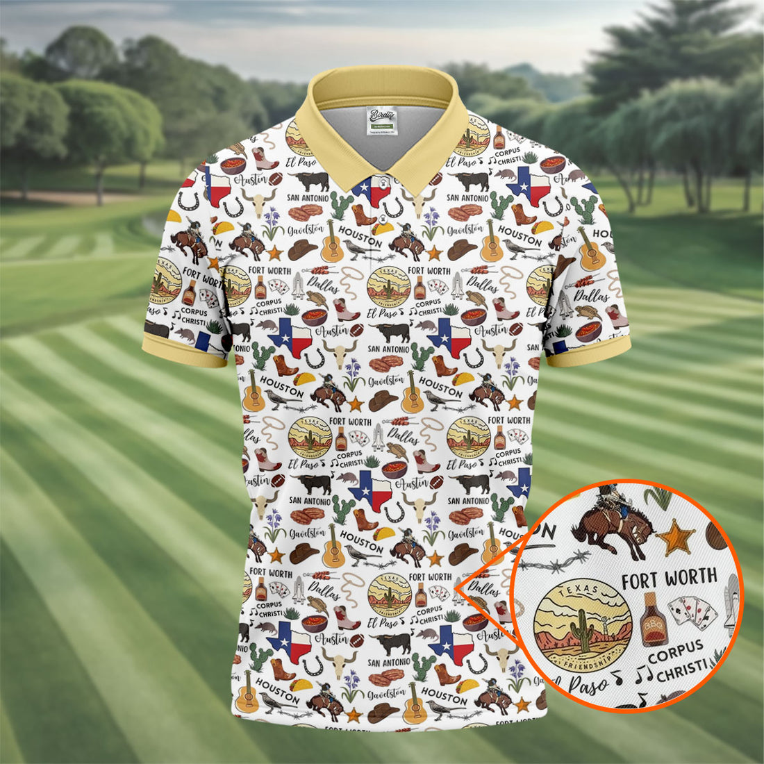 Texas Symbols Western Theme Doodle Style Golf Tops For Men, Polo Shirts For Men, Golf Shirts For Men