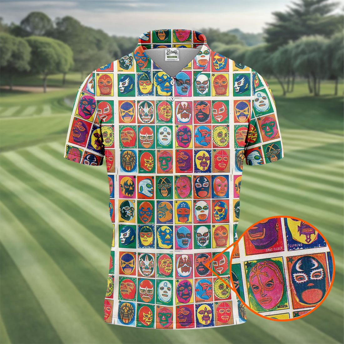 Lucha Libre Mask Grid Pattern Golf Tops For Men, Cinco De Mayo Celebration Golf Shirts For Men