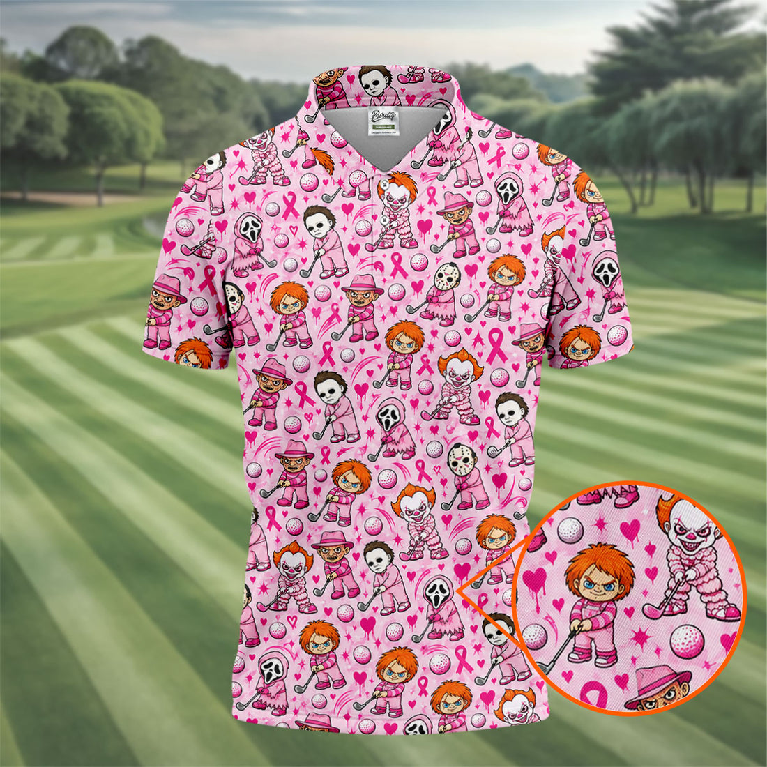 Halloween Horror Character Breast Cancer Polo Shirt, Mens Golf Shirts, Mens Golf Apparel