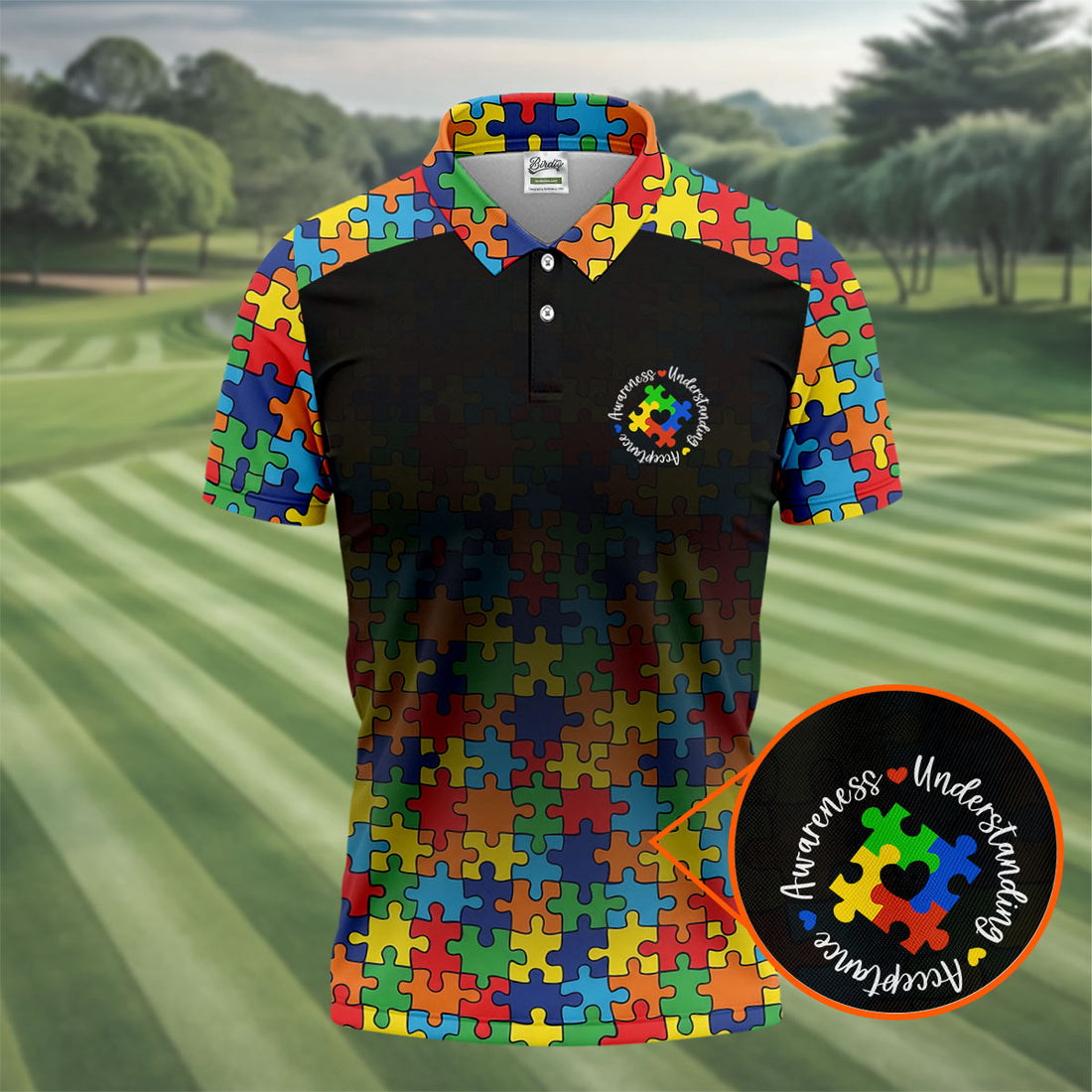 Acceptance Awareness Understanding Autism Awareness Puzzle Pattern Black Fade Golf Shirts For Men