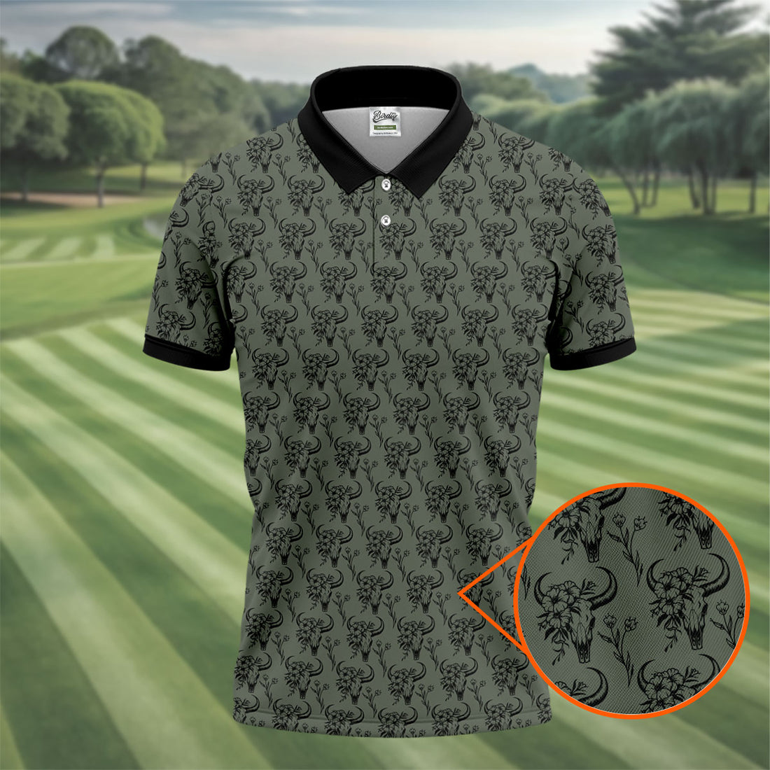 Cow Skull With Flowers Western Theme Forest Green Golf Tops For Men, Polo Shirts For Men, Golf Shirts For Men
