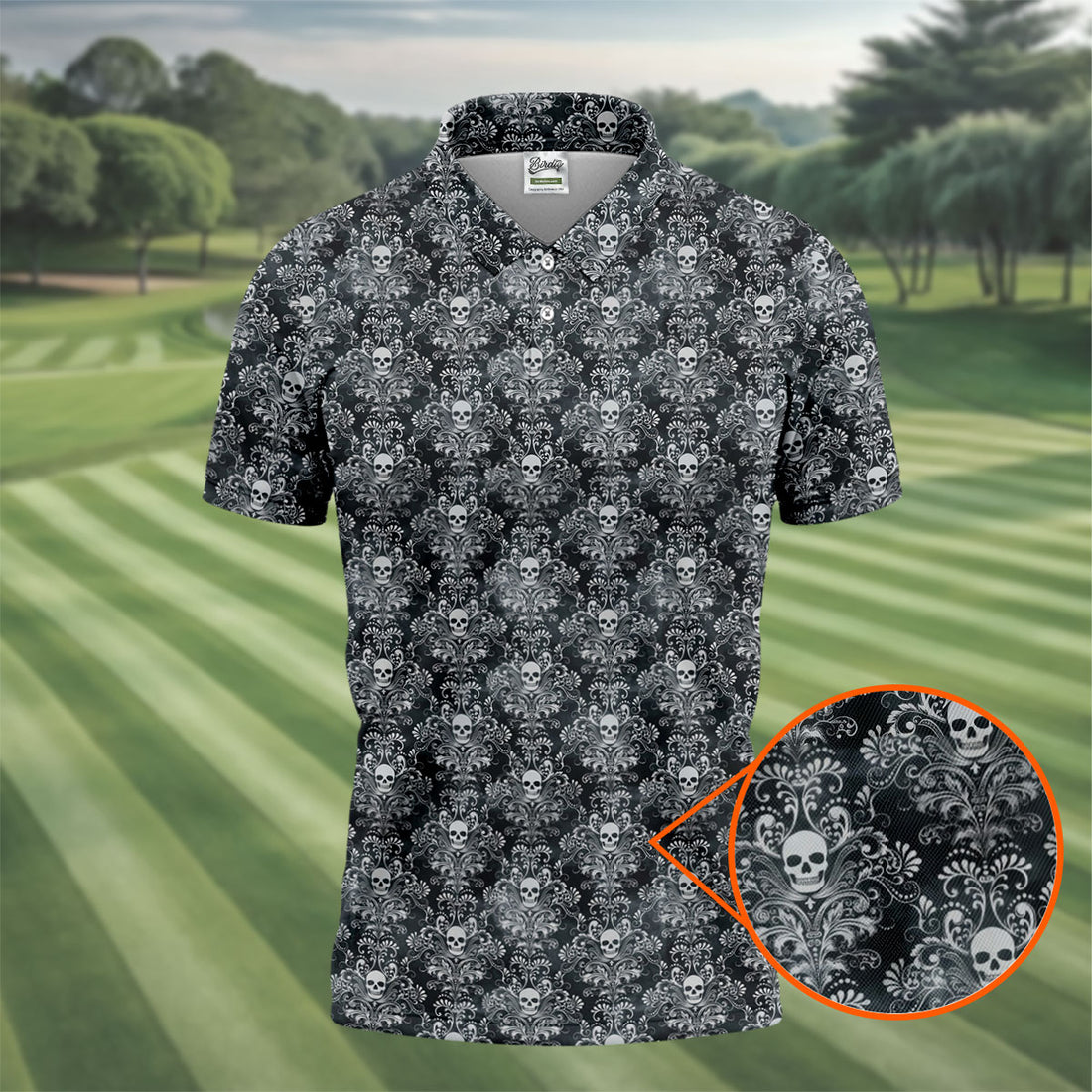 Skull Damask Charcoal Grey Gothic Floral Golf Tops For Men, Polo Shirts For Men, Golf Shirts For Men