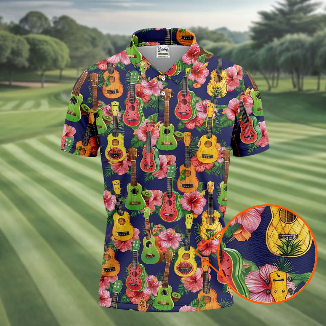 Tropical Ukulele Fruit Pattern 250 Retro Golf Shirt, Hawaiian Vibe Golf Shirts For Men