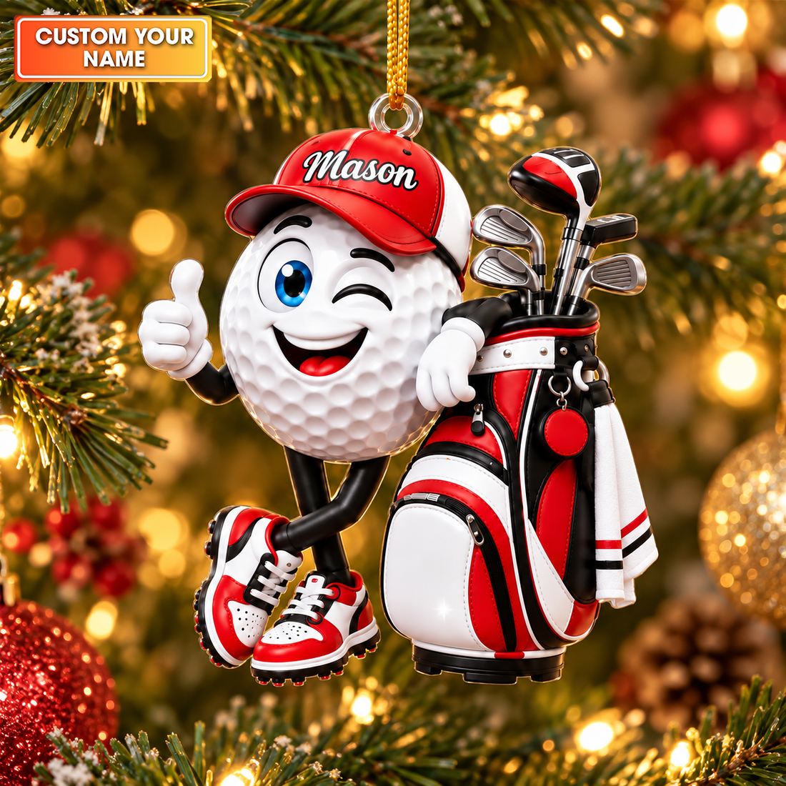 Custom Name Winking Golf Ball And Bag Acrylic Ornament, Golf Gifts, Christmas Decor