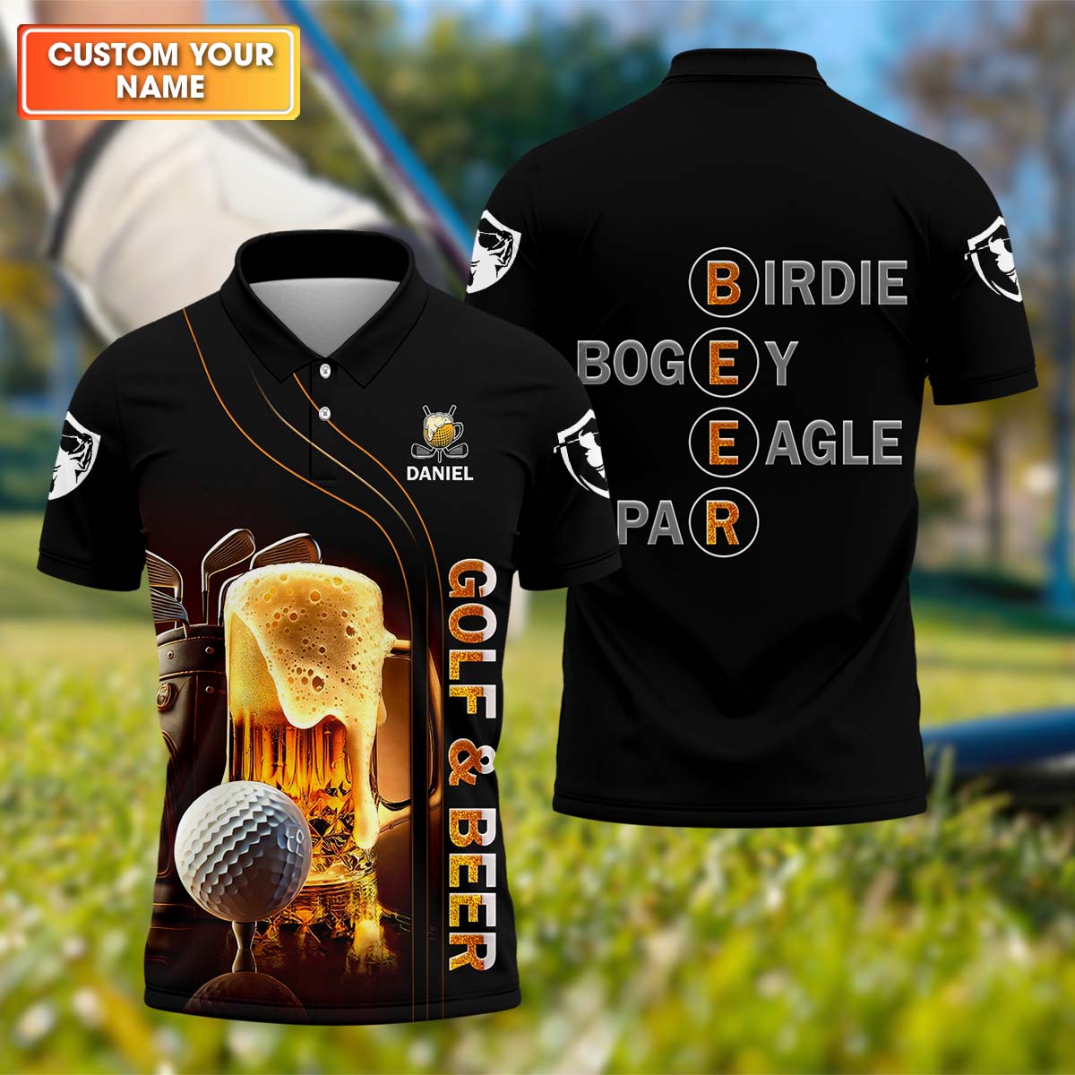 BirdieTee Golf And Beer polo shirt lifestyle shot
