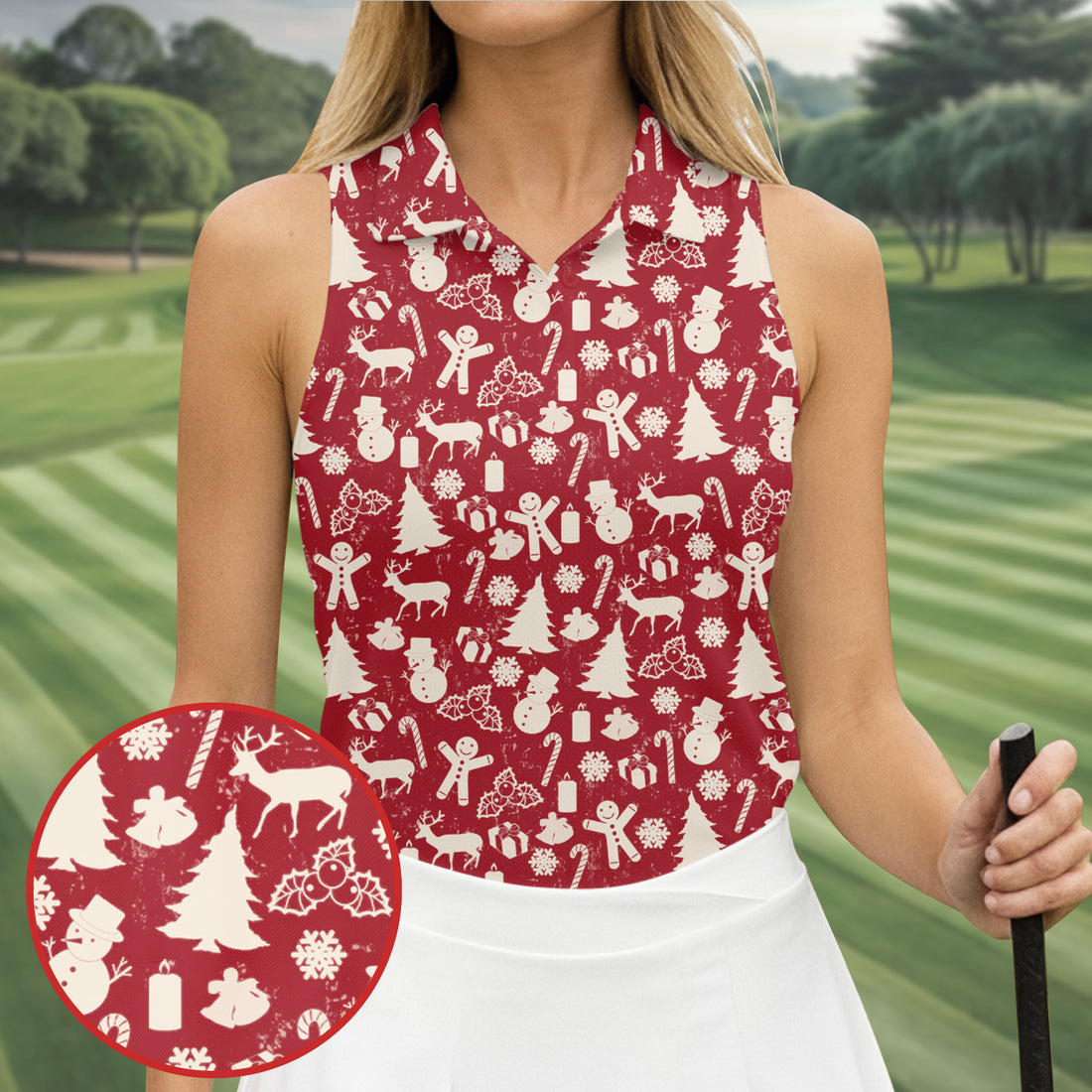 Gingerbread Man Christmas Pine Tree Candy Canes Red And White Fun Women's Golf Shirts, Christmas Golf Shirt