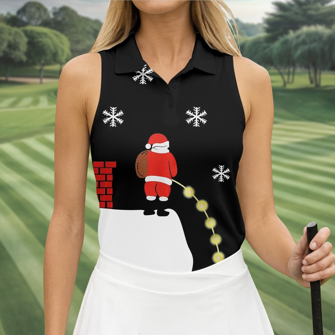 Santa Peeing Funny Christmas Women's Golf Tops, Fun Women's Golf Shirts, Christmas Golf Shirt, Ladies Golf Tops