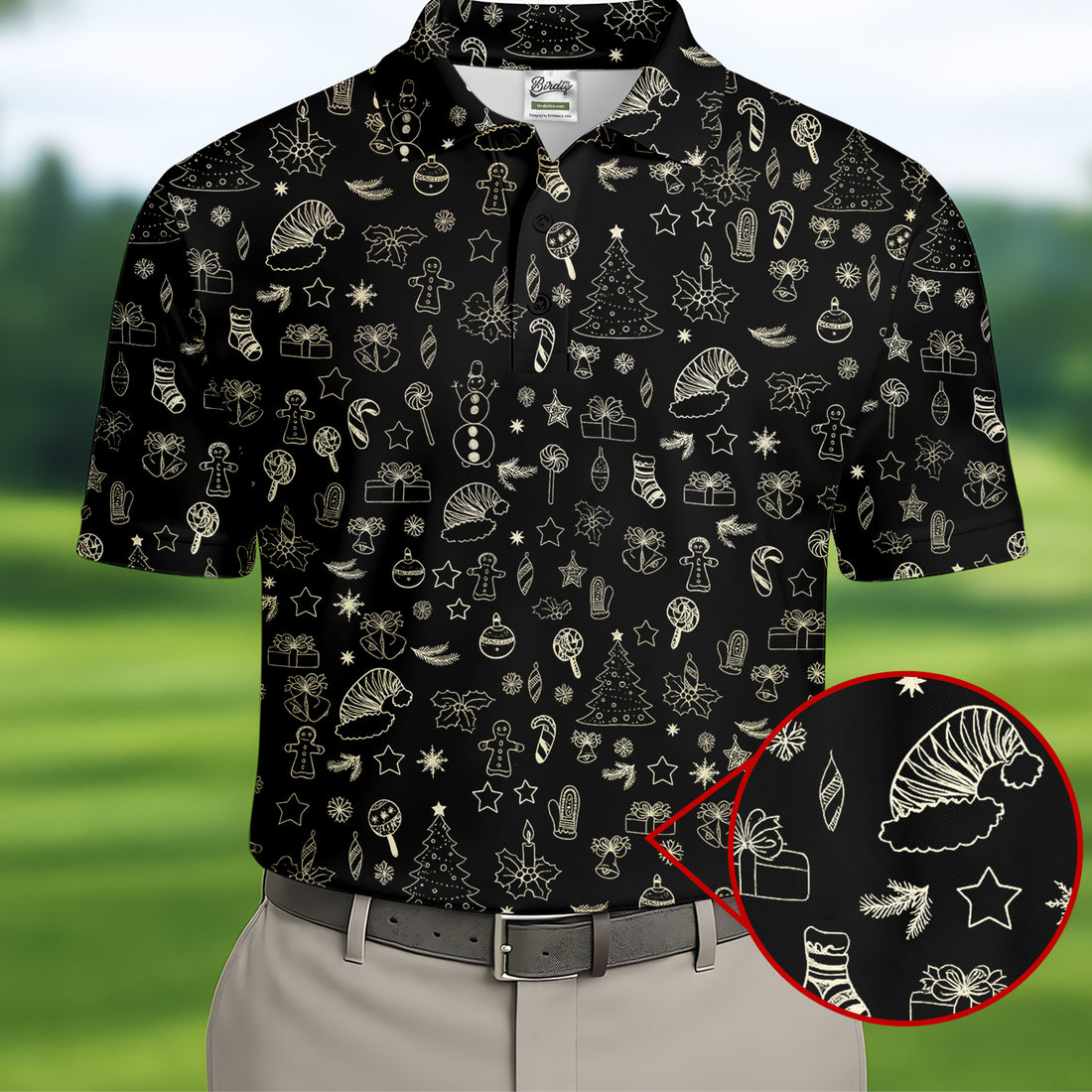 Festive Christmas Golden Pattern Men's Golf Polo Shirts, Christmas Golf Shirt, Golf Gift For Men