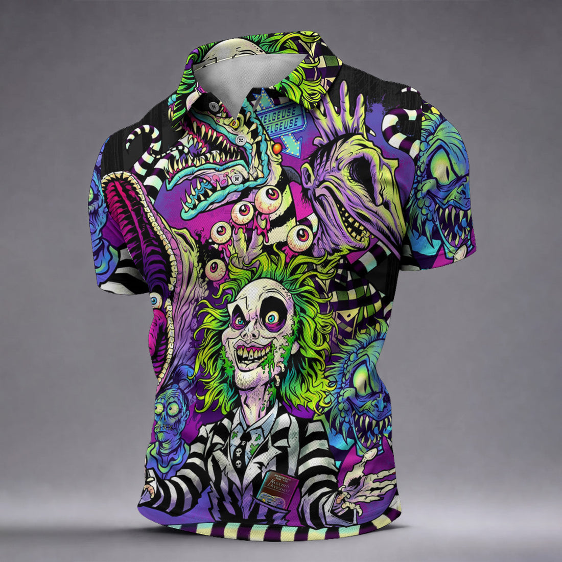 Neon Horror Character Monster Collage Halloween Shirt, Mens Polo Shirts, Golf Apparel For Men