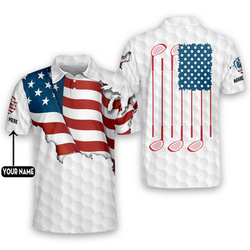 Proud Golf American Flag Custom Name Golf Polo Shirts, Golf Gift For Men, Golfing Apparel