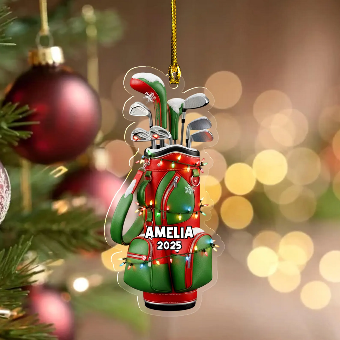 Red And Green Custom Golf Bag Acrylic Ornament, Golf Christmas Ornaments, Christmas Golf Gift, Golf Decor