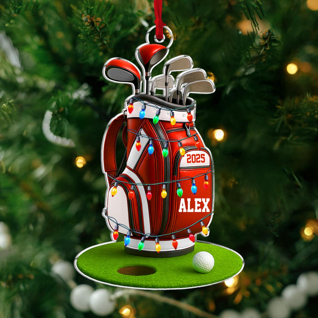 Red Golf Bag Acrylic Ornament, Custom Name Golf Ornament, Christmas Golf Gift, Custom Golf Gift