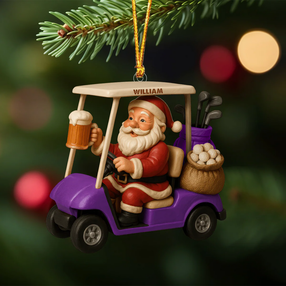 Santa Claus In Golf Cart Ornament, Gifts For Beer Lovers, Personalized Christmas Ornaments