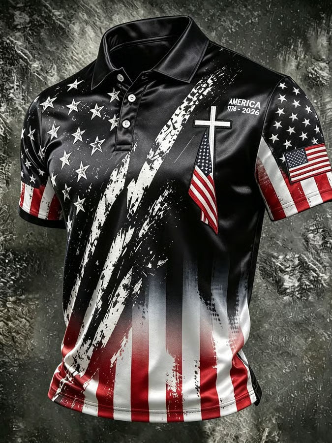 Distressed American Flag Cross Patriotic USA 250th Anniversary - Mens Polo Shirt - Gift For Men
