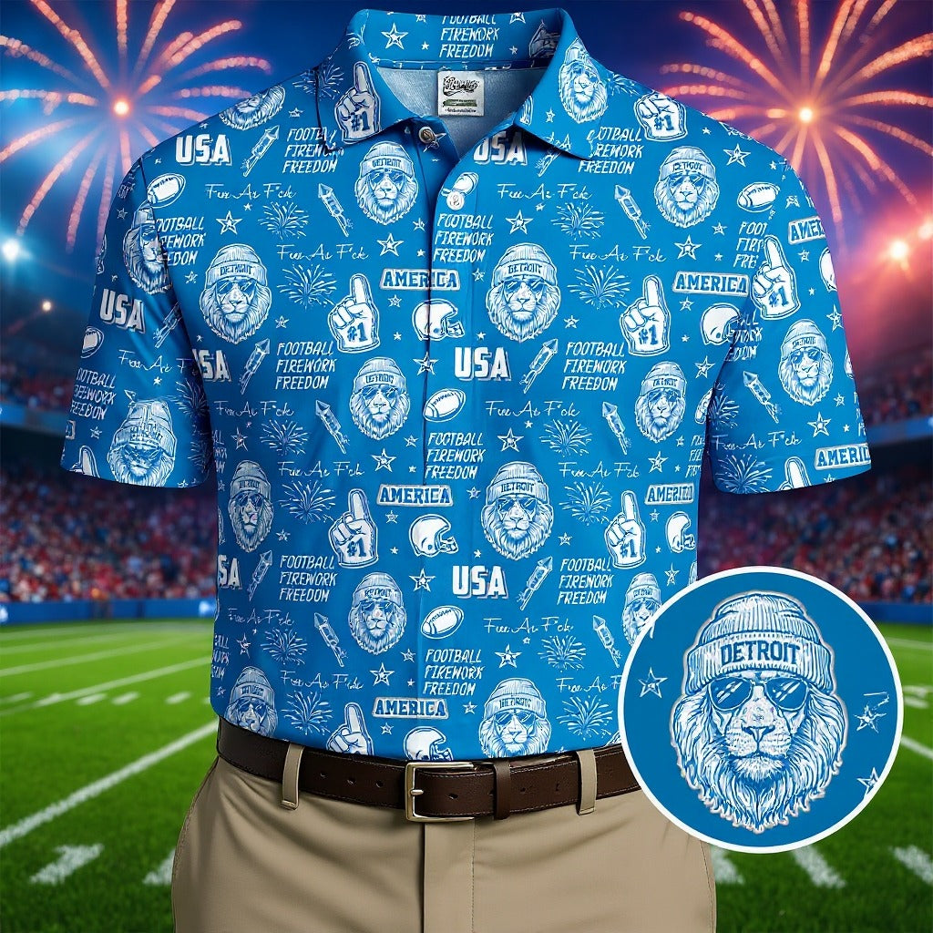 Cool Lion Football Freedom Blue Polo Shirt, American Football League Gift Ideas For Football Fans