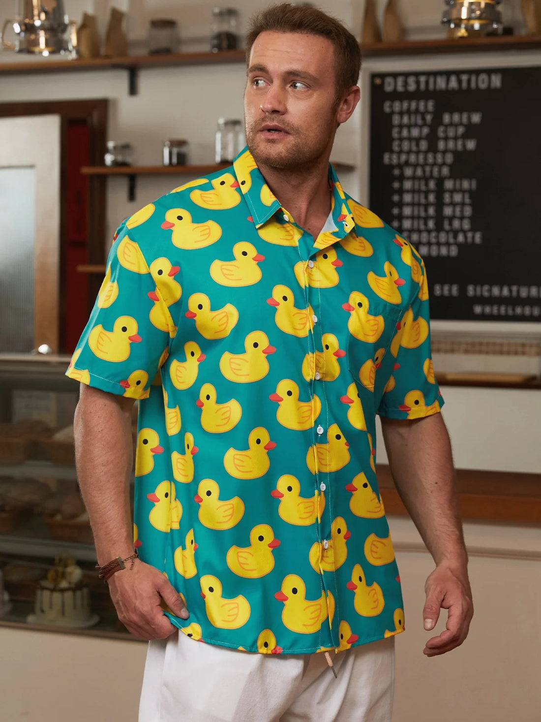 Yellow Ducks Seamless Pattern Hawaiian Golf Shirt,  Men's Golf Shirt, Tropical Vibe Funny Golf Shirt