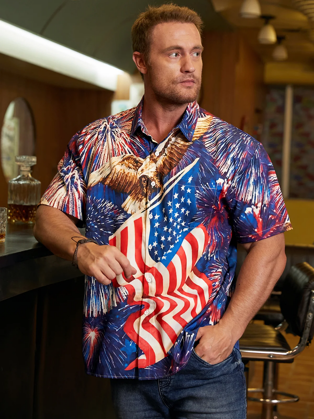 Red White Blue American Eagle USA Patriotic Hawaiian Golf Shirt, 250th Anniversary Tropical Vibe Men's Golf Shirt