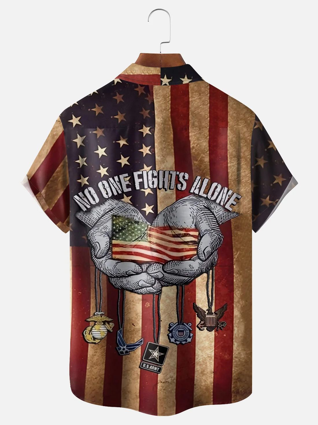 No One Fights Alone Patriotic American Flags Hawaiian Golf Shirt, 250th Anniversary Tropical Vibe Men's Golf Shirt