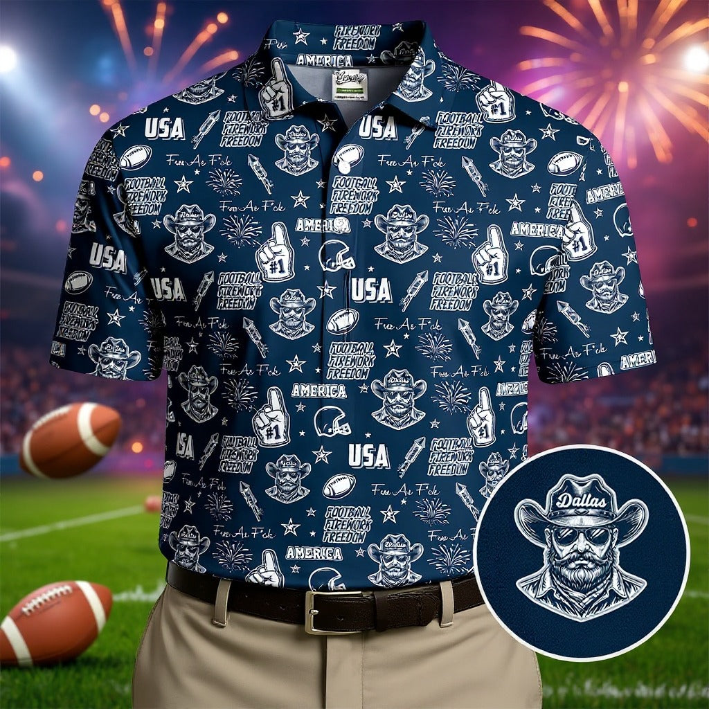 Cowboy Football Team Navy Blue And White Sport Polo, American Football League Gift Ideas For Football Fans