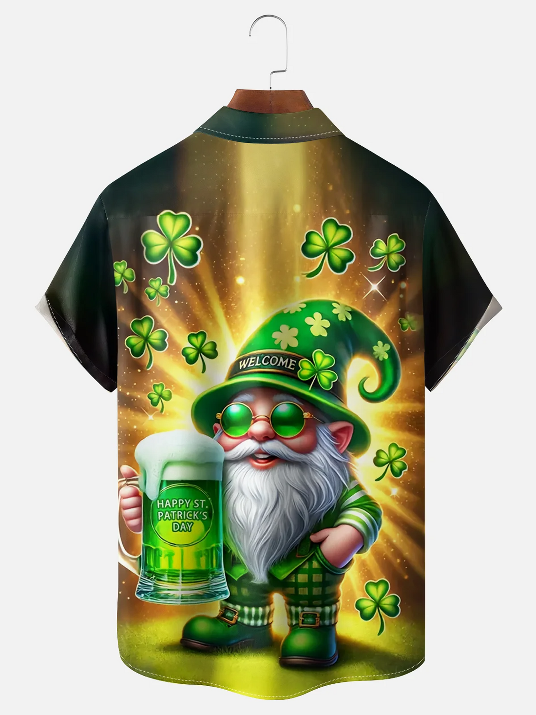 St. Patrick's Day Shamrock Gnome Beer Hawaiian Golf Shirt, Shamrock Golf Shirts, Men's Golf Shirt