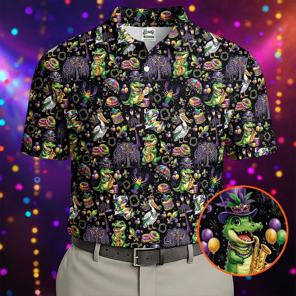 Mardi Gras Fleur De Lis Animal Band Black Golf Shirt, Golf Tops For Men, Polo Shirts For Men