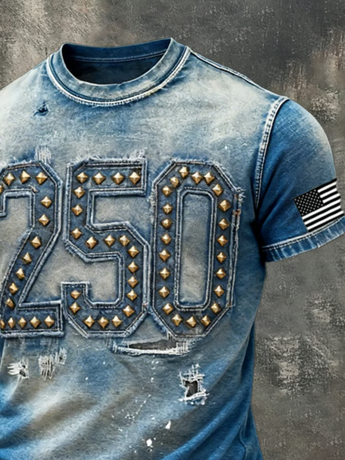 250 US Flag Logo Distressed Denim Print Patriotic Golf Shirt, 4th Of July Golf Shirts For Men