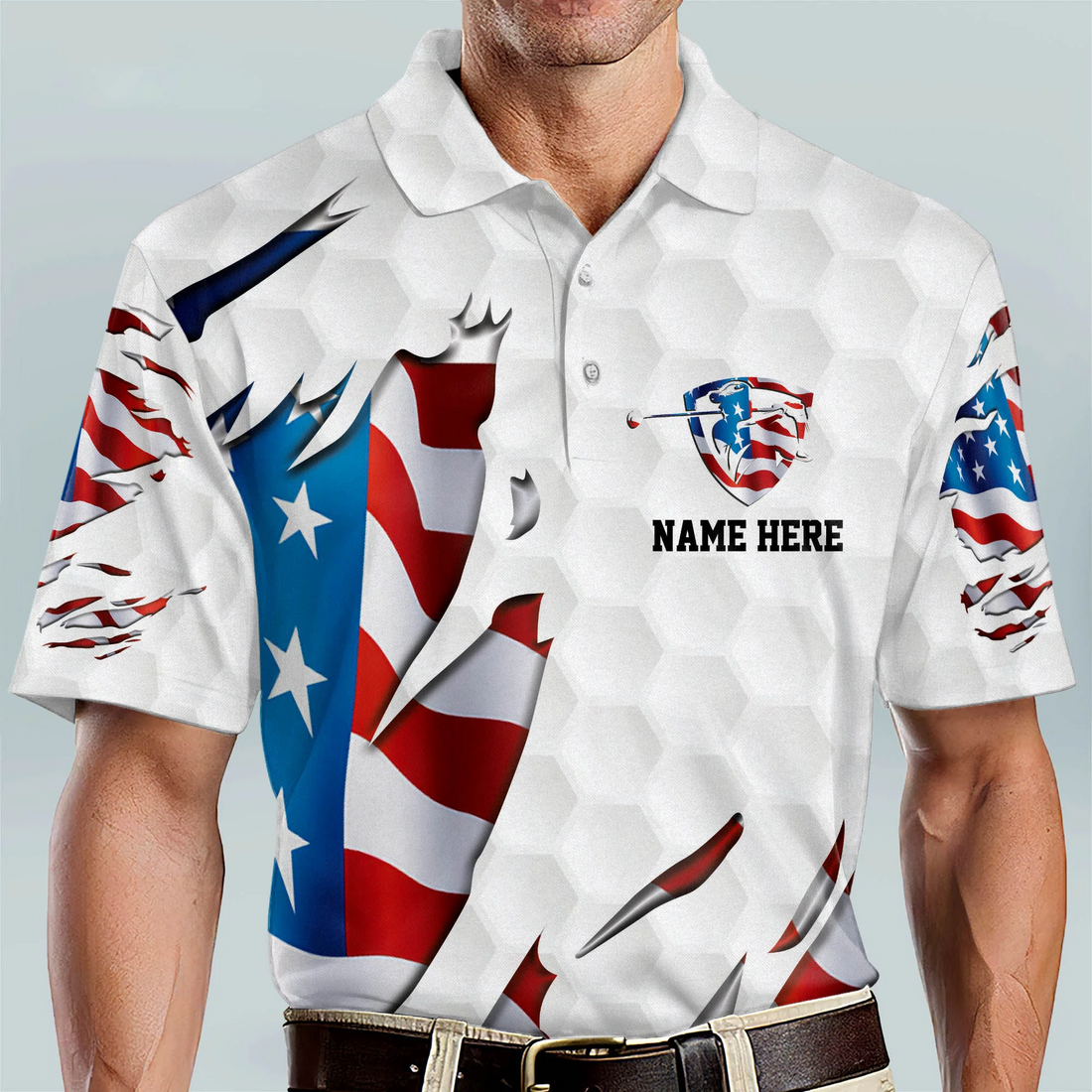 Custom Name Swing Swear Repeat American Flag Ripped Golf Polo Shirts, Golf Gift For Men, Golfing Apparel