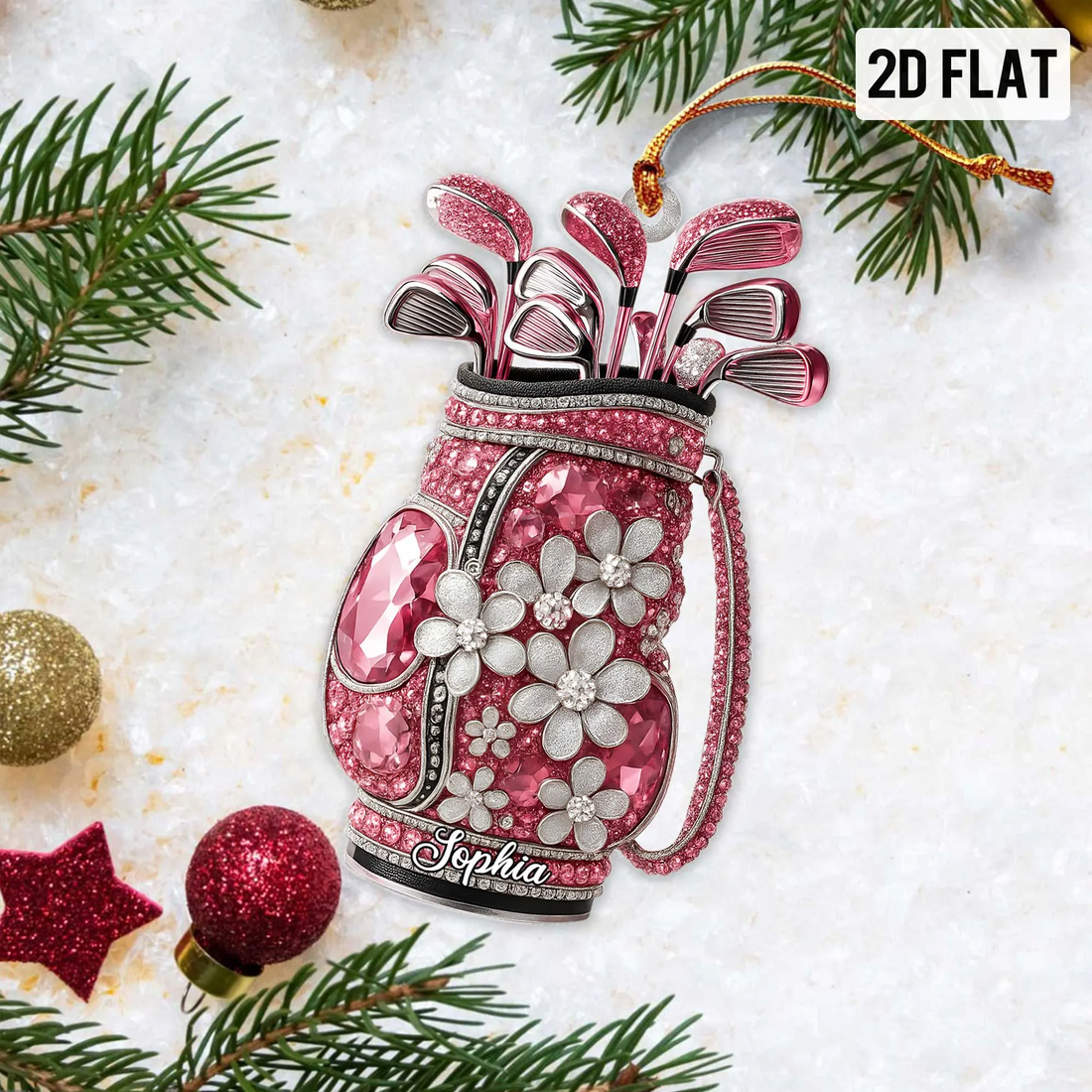 Crystal Print Pink Golf Bag Acrylic Ornament, Golf Christmas Ornaments, Christmas Golf Gift, Golf Decor