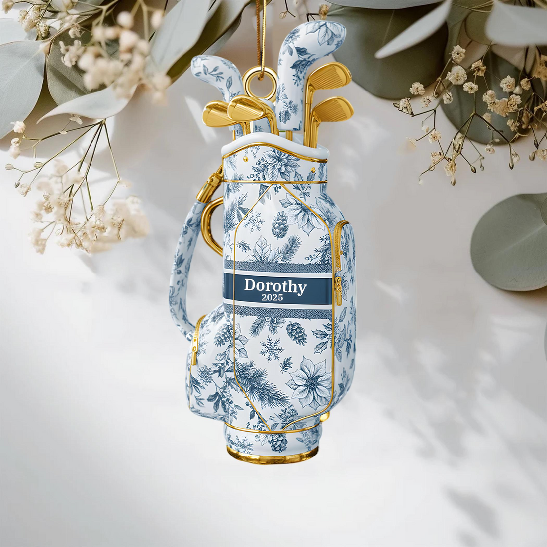 Toile de Jouy Personalized Golf Bag Acrylic Ornament, Custom Name Golf Ornament, Xmas Ornament