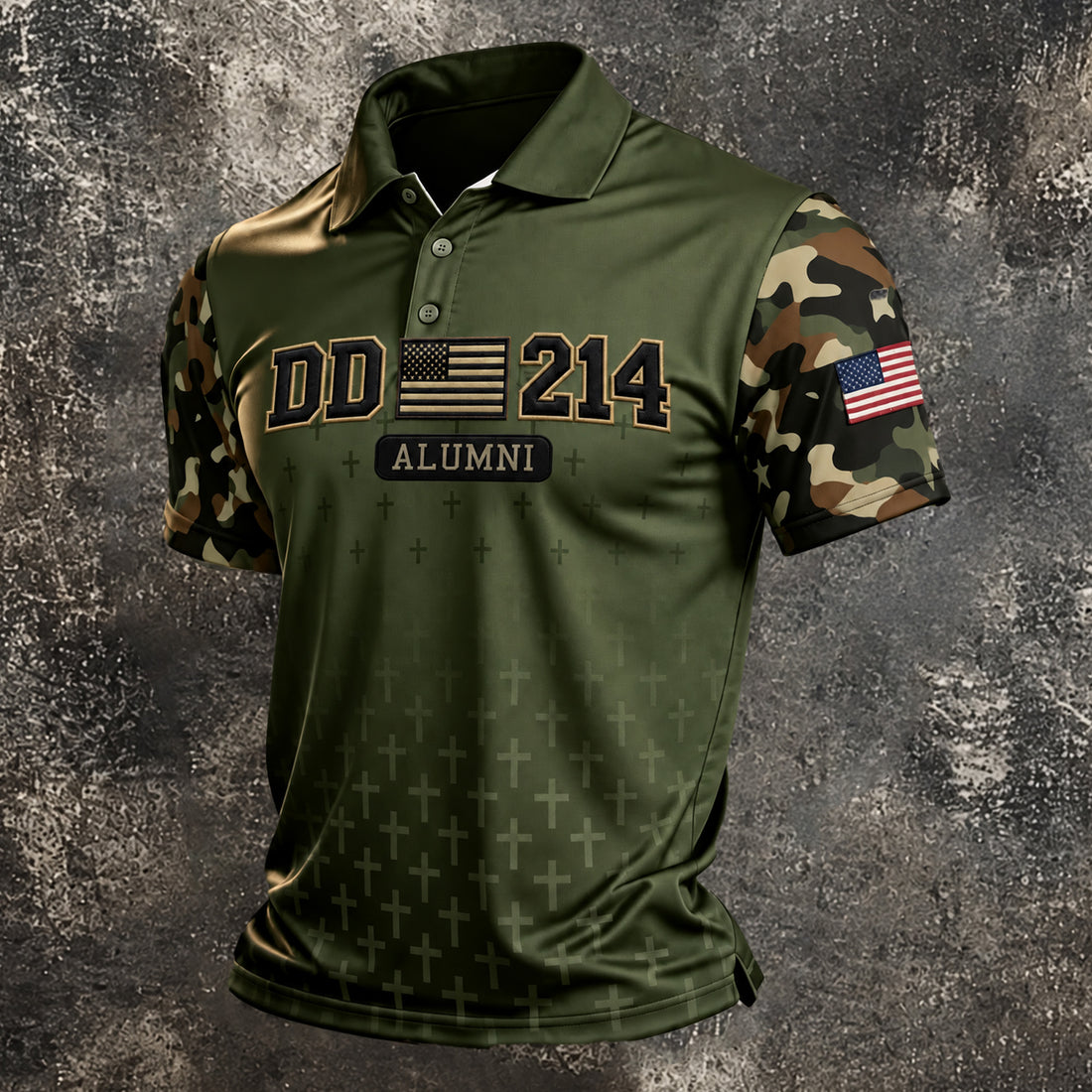 DD-214 Alumni Flag Cross Camo Polo Shirt, Veterans Day Shirt, Golf Shirts For Men