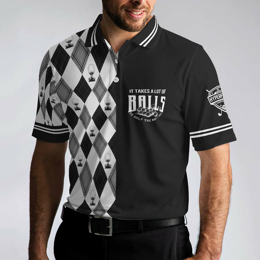 Black And White Argyle Men's Golf Polo Shirt, Golfing Apparel, Mens Golf Gift