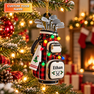 Custom Name Plaid Golf Bag Acrylic Ornament, Christmas Ornaments, Gifts For Golfers