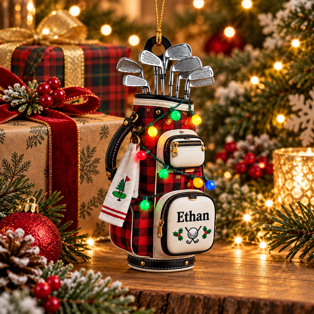 Custom Name Plaid Golf Bag Acrylic Ornament, Christmas Ornaments, Gifts For Golfers