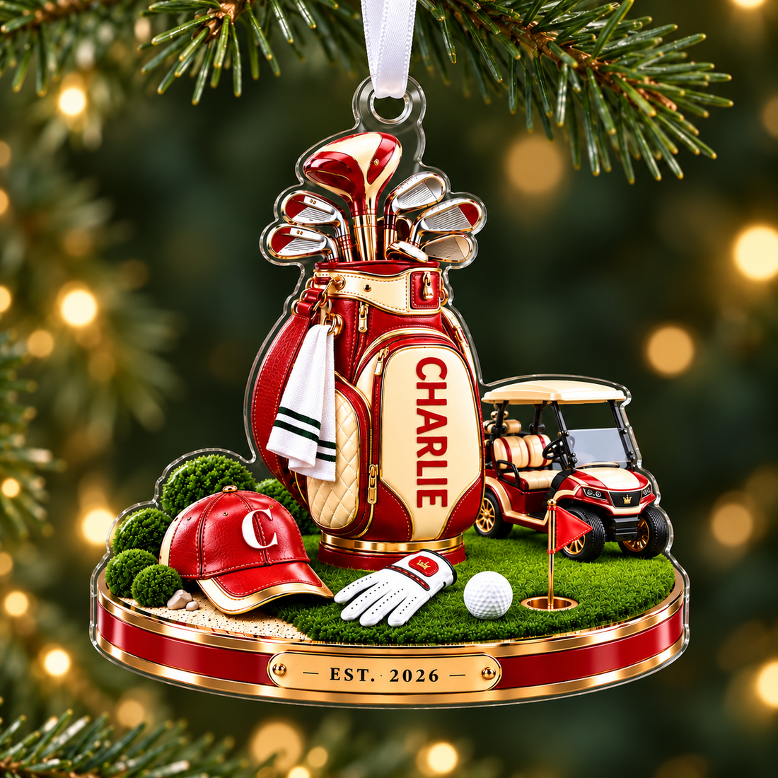 Custom Name Golf Bag And Cart Acrylic Ornament, Christmas Ornaments, Golf Lover Gifts