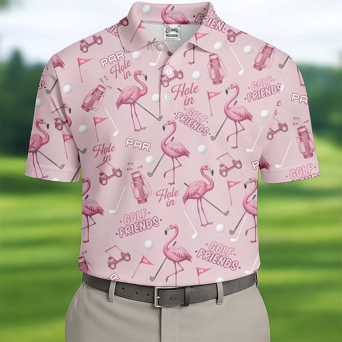 Pink Flamingo Customized Golf Polos, Fun Men's Golf Polos, Hawaiian Golf Shirts, Golfing Apparel